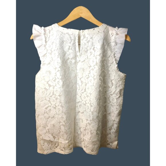 LOFT- WOMENS WHITE LACE LINED CREW NECKBACK BUTTON CLOSURE BLOUSE TOP SIZE SMALL - Picture 2 of 6